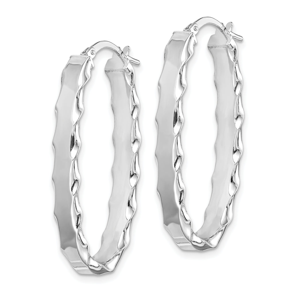 Sterling Silver 925 Scalloped Edge Oval Hoop Earrings with Rhodium Finish, 5mm