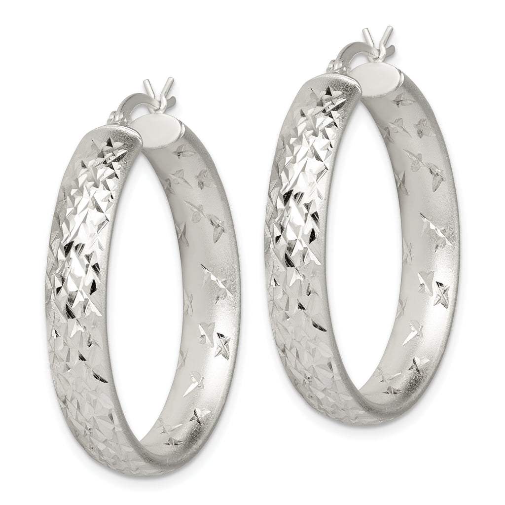Sterling Silver 5mm Diamond-Cut Hoop Earrings with Brushed Satin Finish