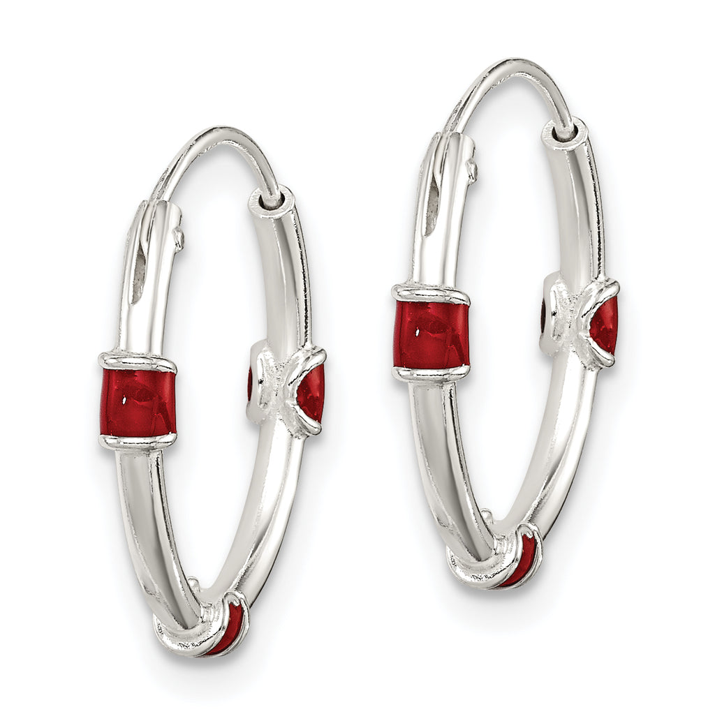 Sterling Silver 925 Red Enamel Endless Hoop Earrings with Polished Finish