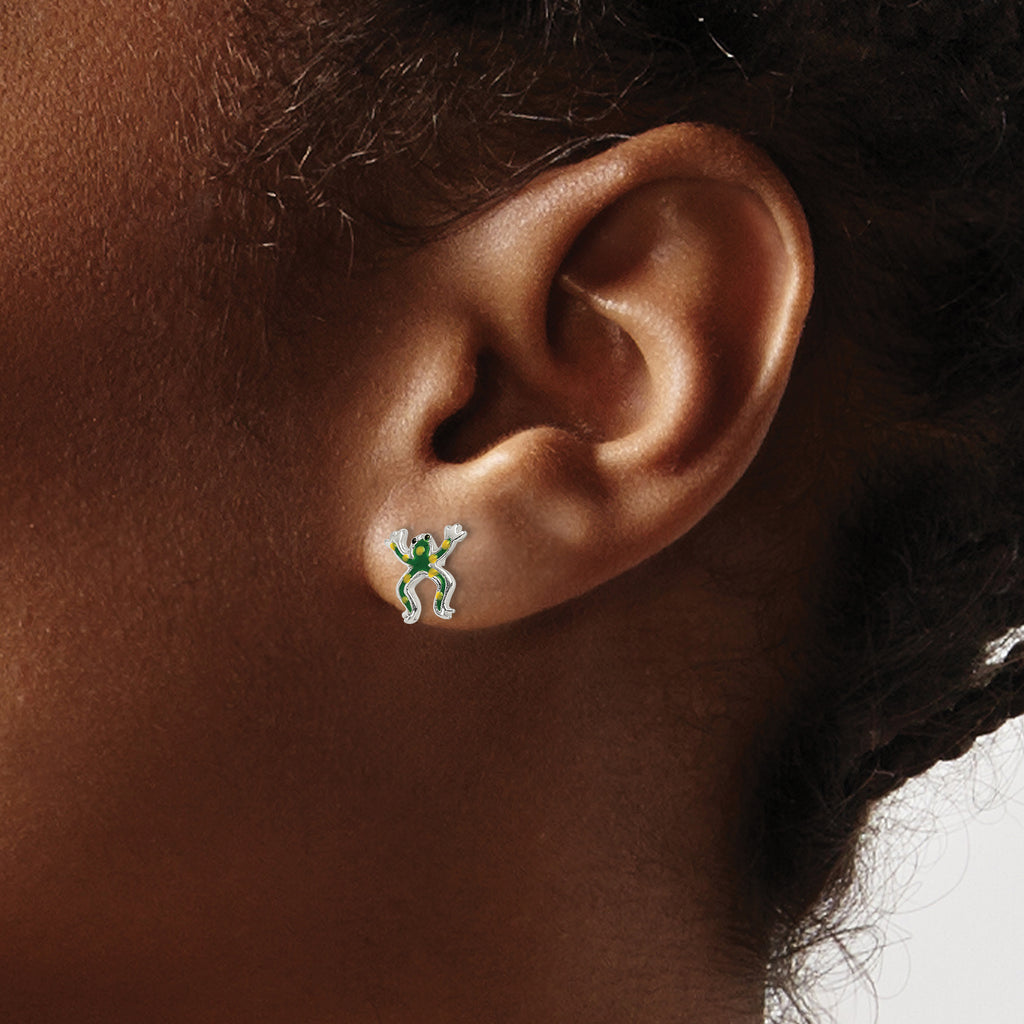 Sterling Silver 925 Enamel Frog Earrings with Polished Finish and Anti-Tarnish Coating