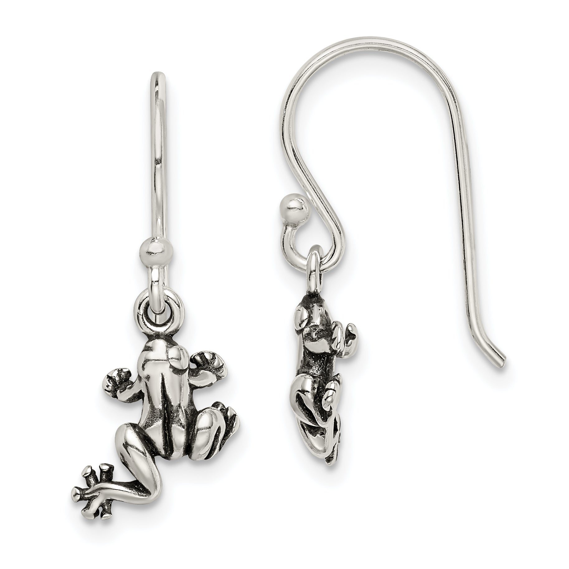 Sterling Silver and Antiqued Frog Shepherd Hook Earrings Main image