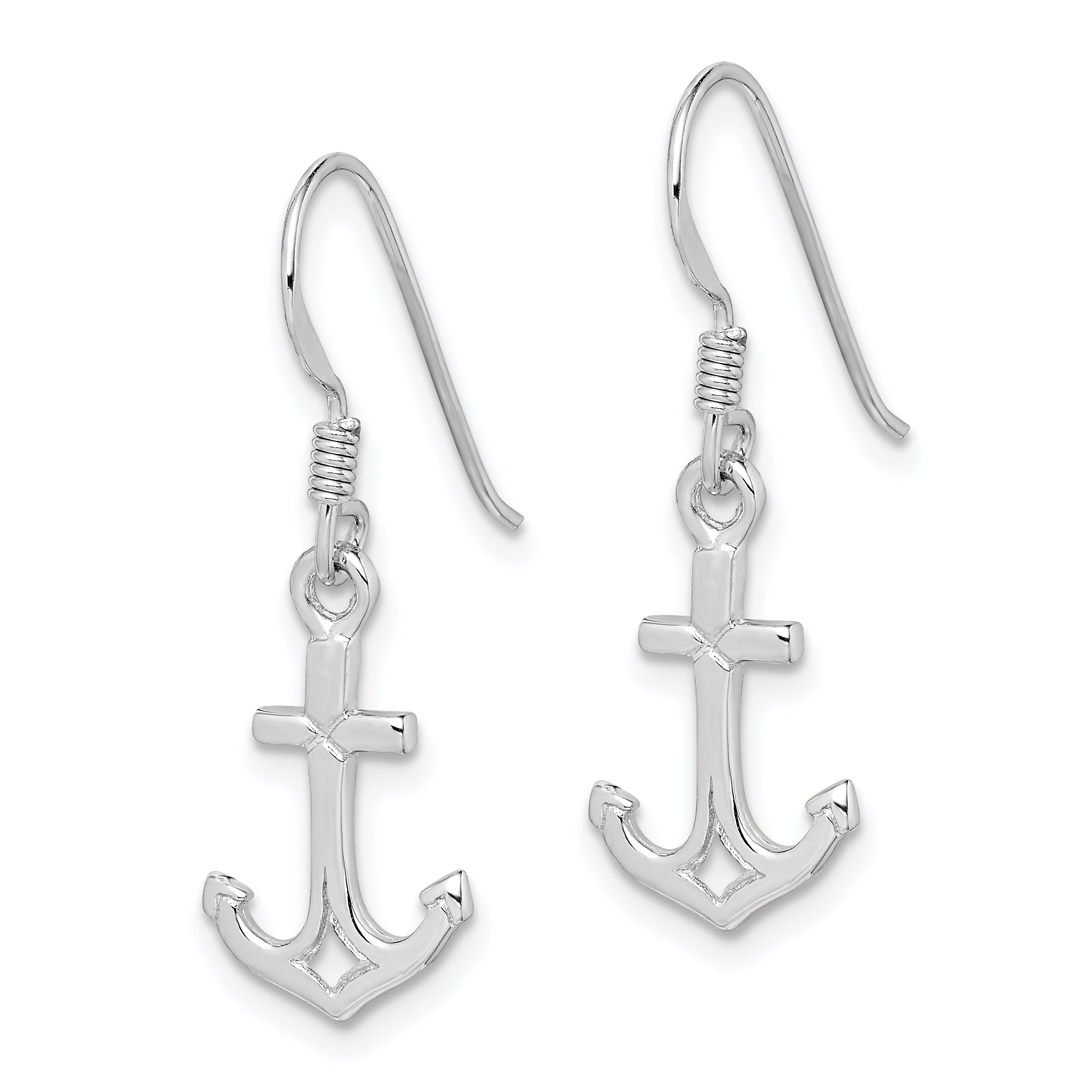 Sterling Silver Rhodium-Plated Anchor Drop Earrings with Polished Finish