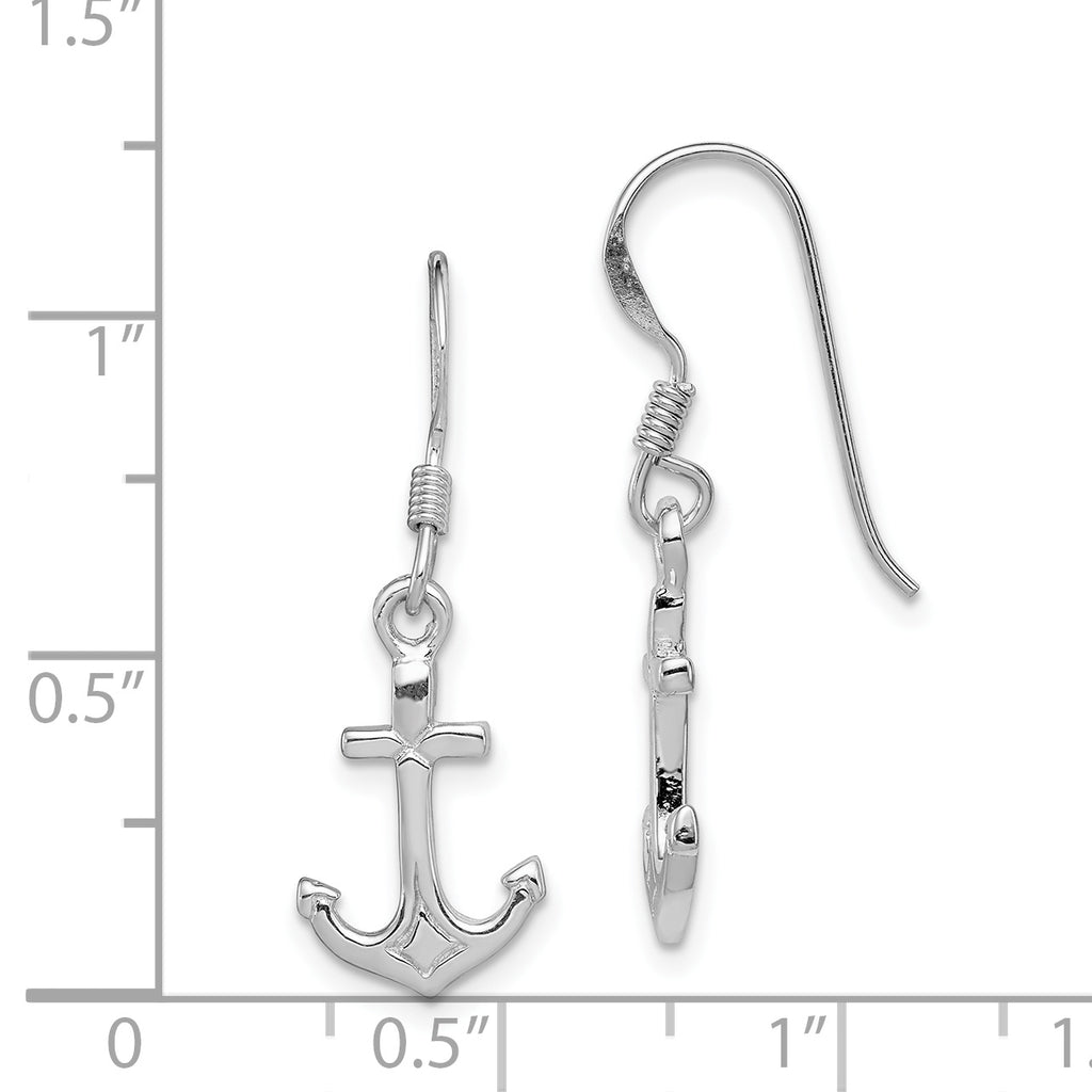 Sterling Silver Rhodium-Plated Anchor Drop Earrings with Polished Finish