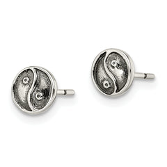 Sterling Silver Polished and Antiqued Yin Yang Sign Post Earrings