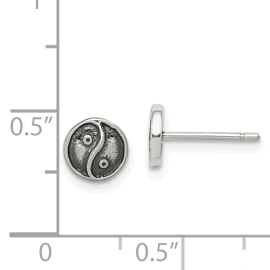 Sterling Silver 925 Yin Yang Button Earrings with Antiqued Finish for Women