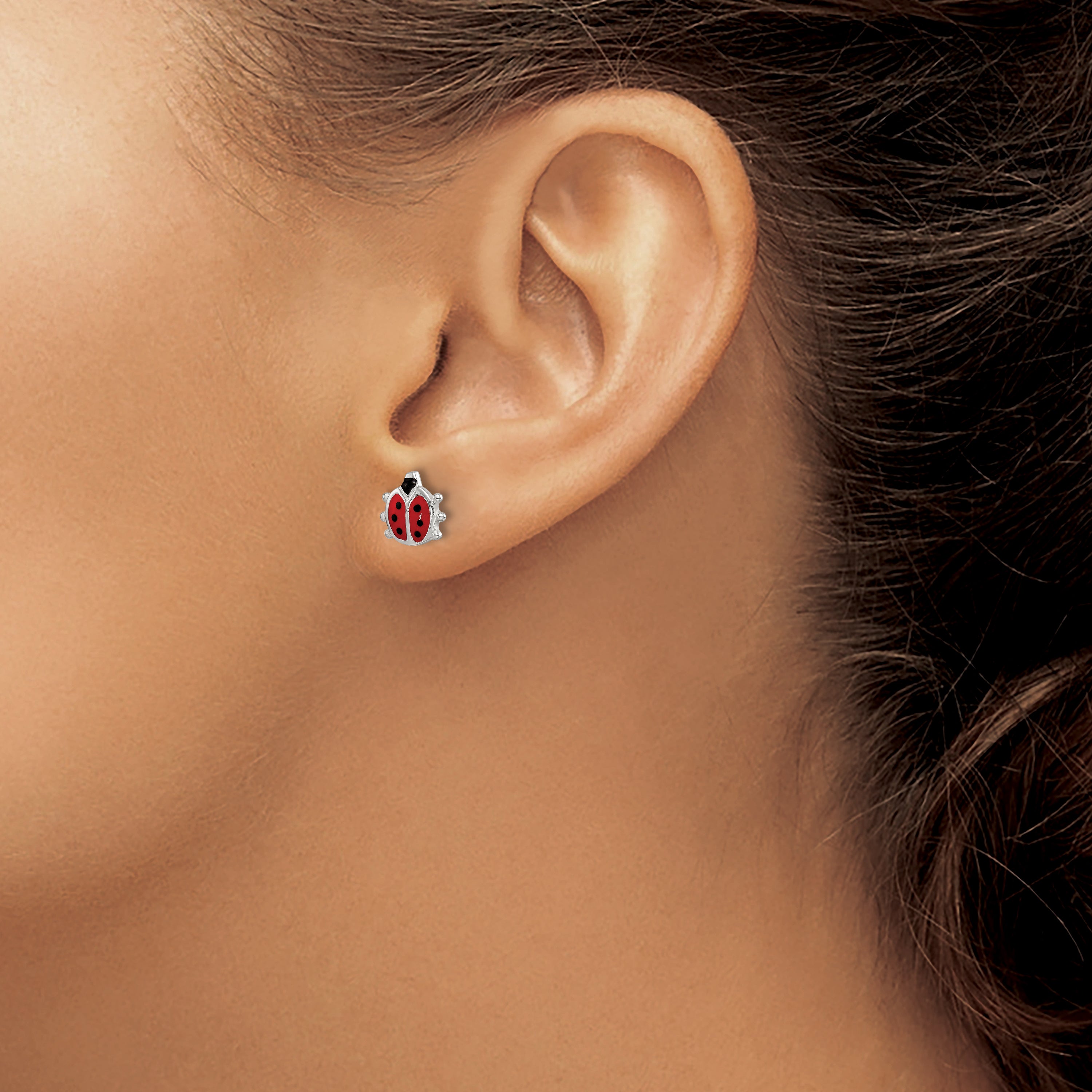 Sterling Silver Ladybug Child's Earrings with Polished Red Enamel Finish
