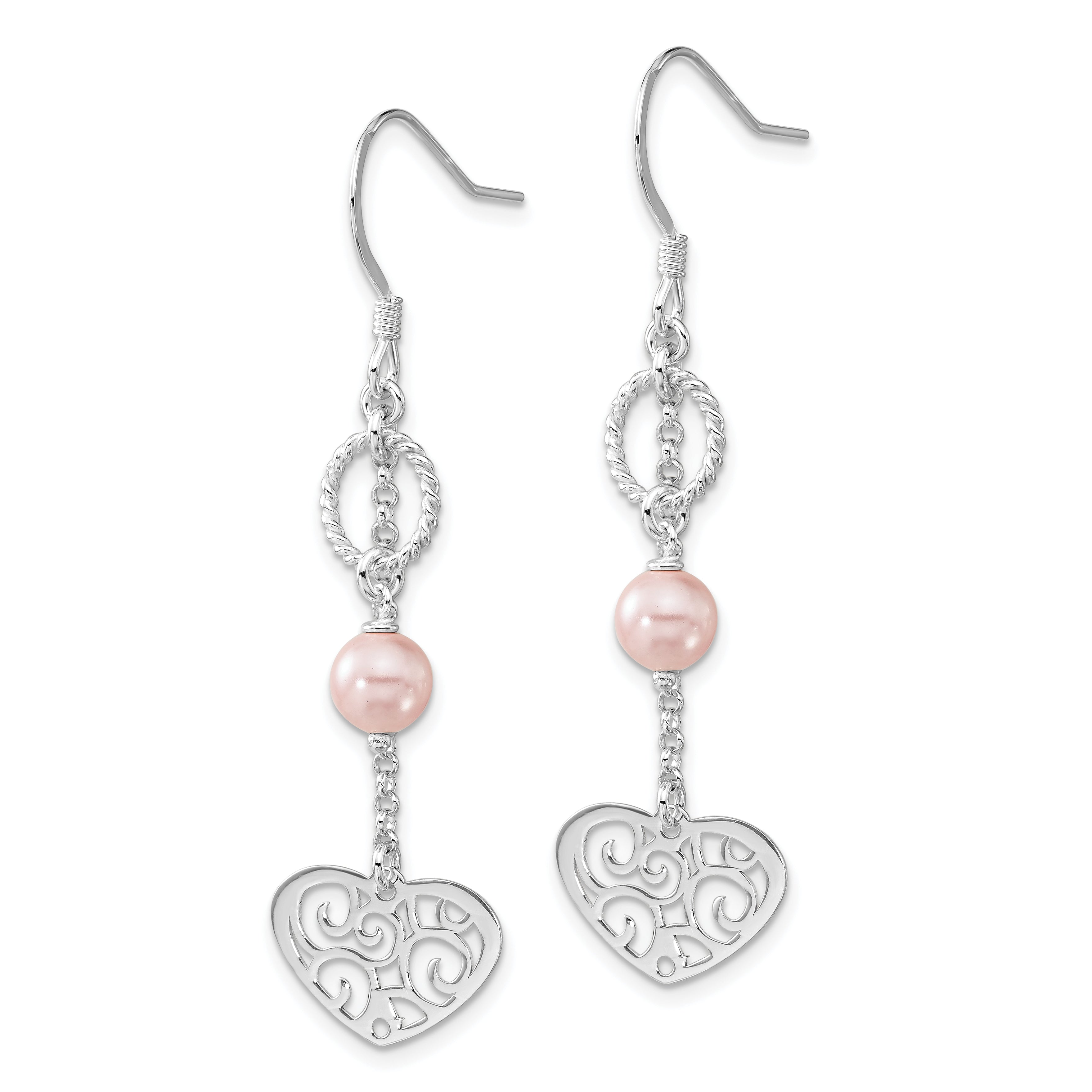 Sophia Jewelers Sterling Silver Pink Pearl Heart Dangle Earrings Polished Twist Design