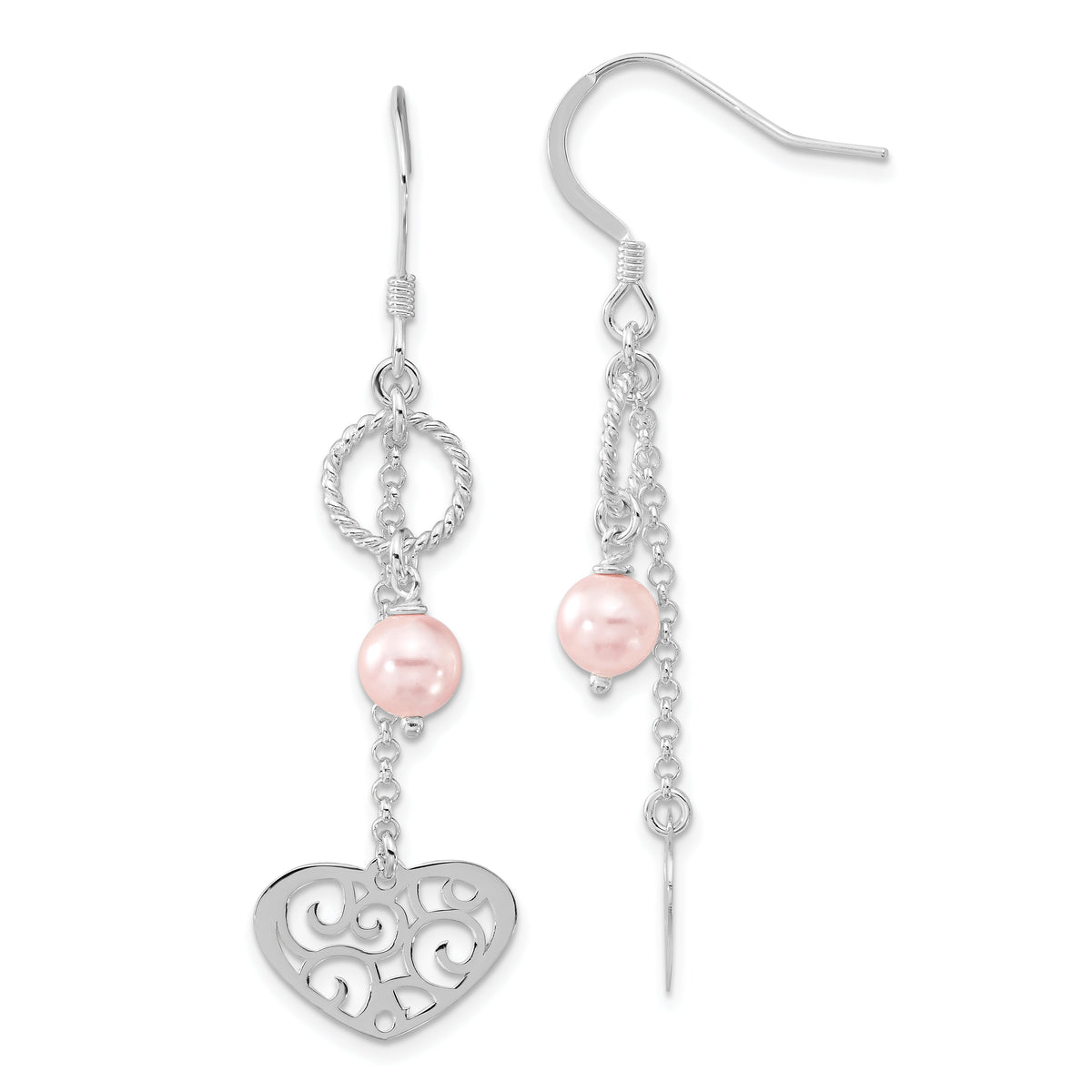 Sterling Silver FW Cultured Pearl Dangle Heart Dangle Earrings