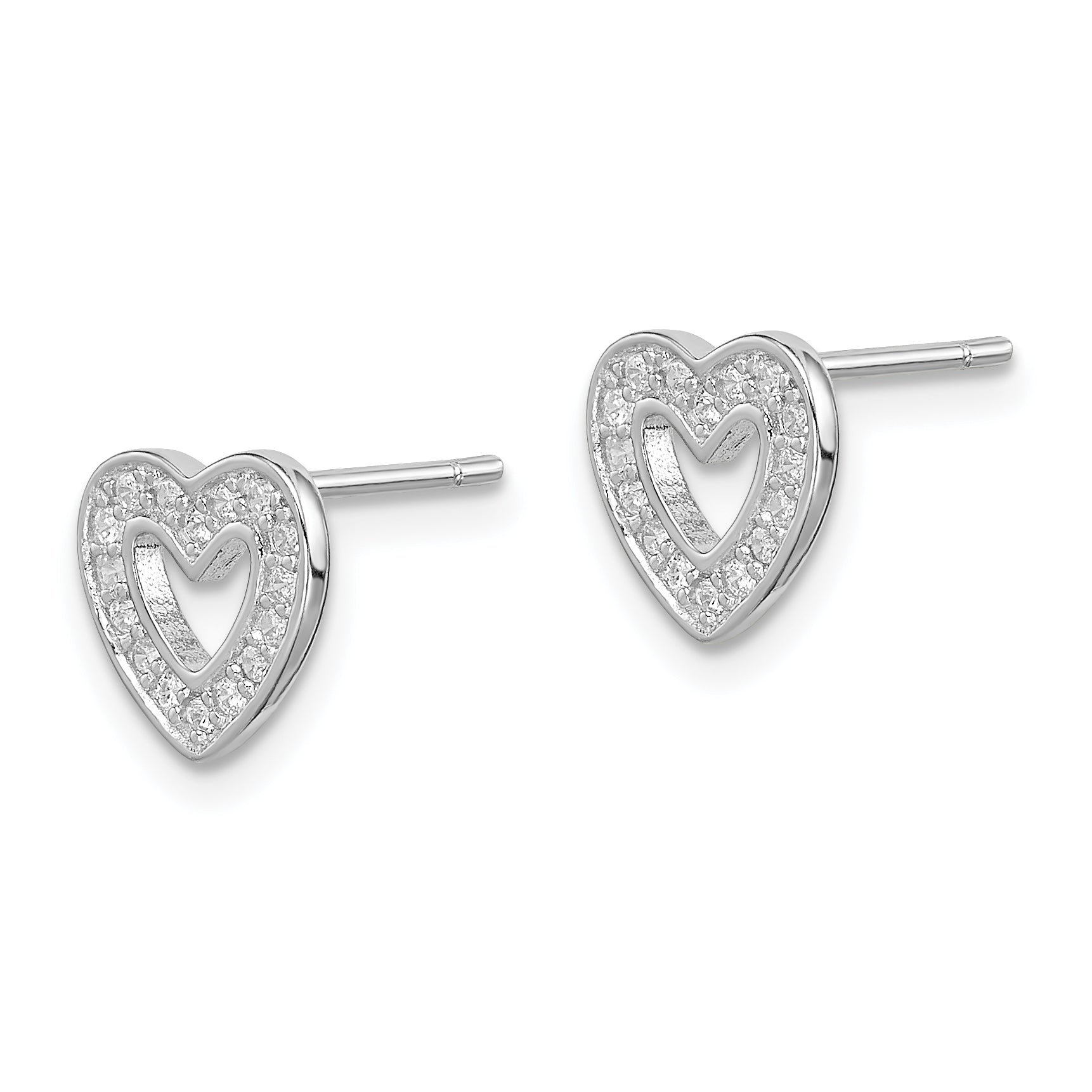 Sterling Silver CZ Heart Earrings with Rhodium Finish and Polished Detail Secondary image