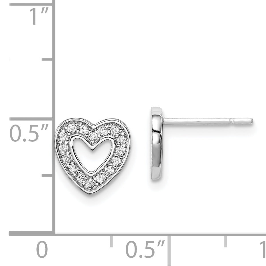 Sterling Silver CZ Heart Earrings with Rhodium Finish and Polished Detail