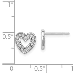 Sterling Silver CZ Heart Earrings with Rhodium Finish and Polished Detail