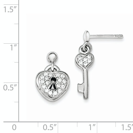 Sterling Silver CZ Heart Lock & Key Dangle Earrings Polished Finish Secondary image