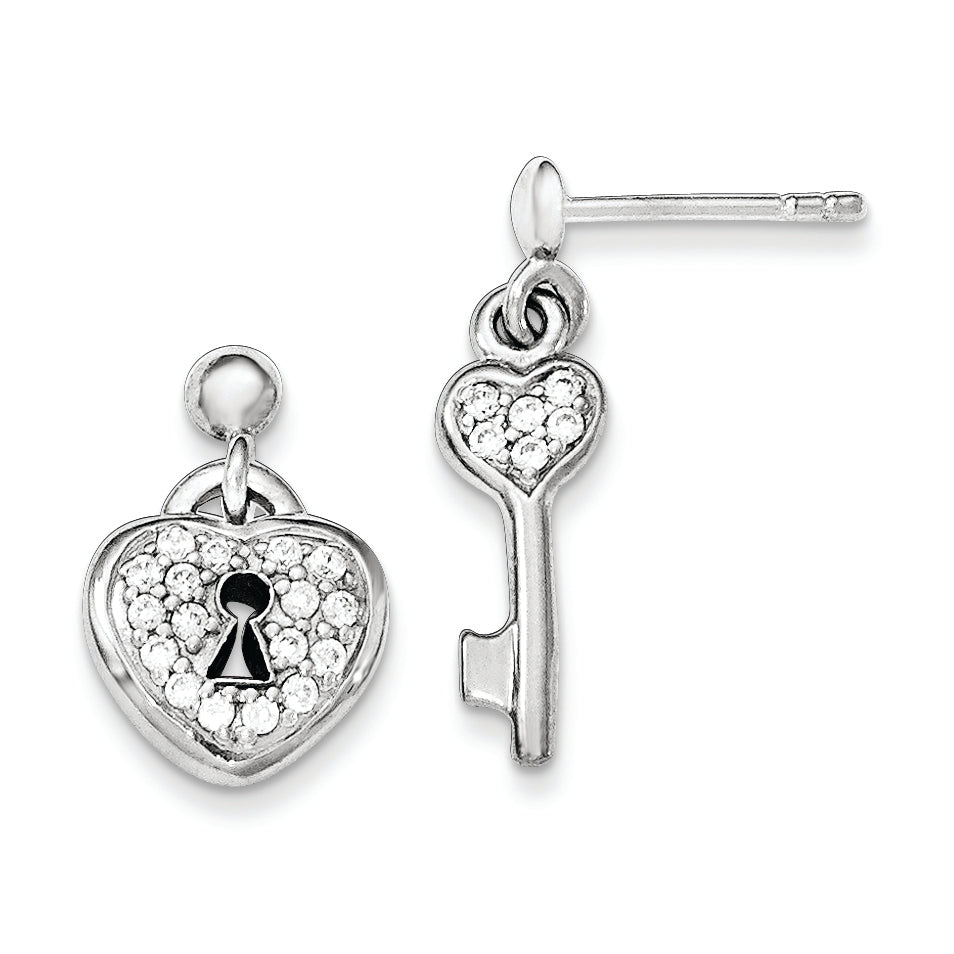Sterling Silver Polished CZ Heart Lock & Key Post Dangle Earrings Main image