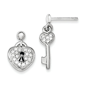 Cubic Zirconia Heart Lock & Key Dangle Earrings in Sterling Silver - Sophia Jewelers