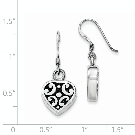Sterling Silver Heart Dangle Earrings with Polished & Antiqued Finish