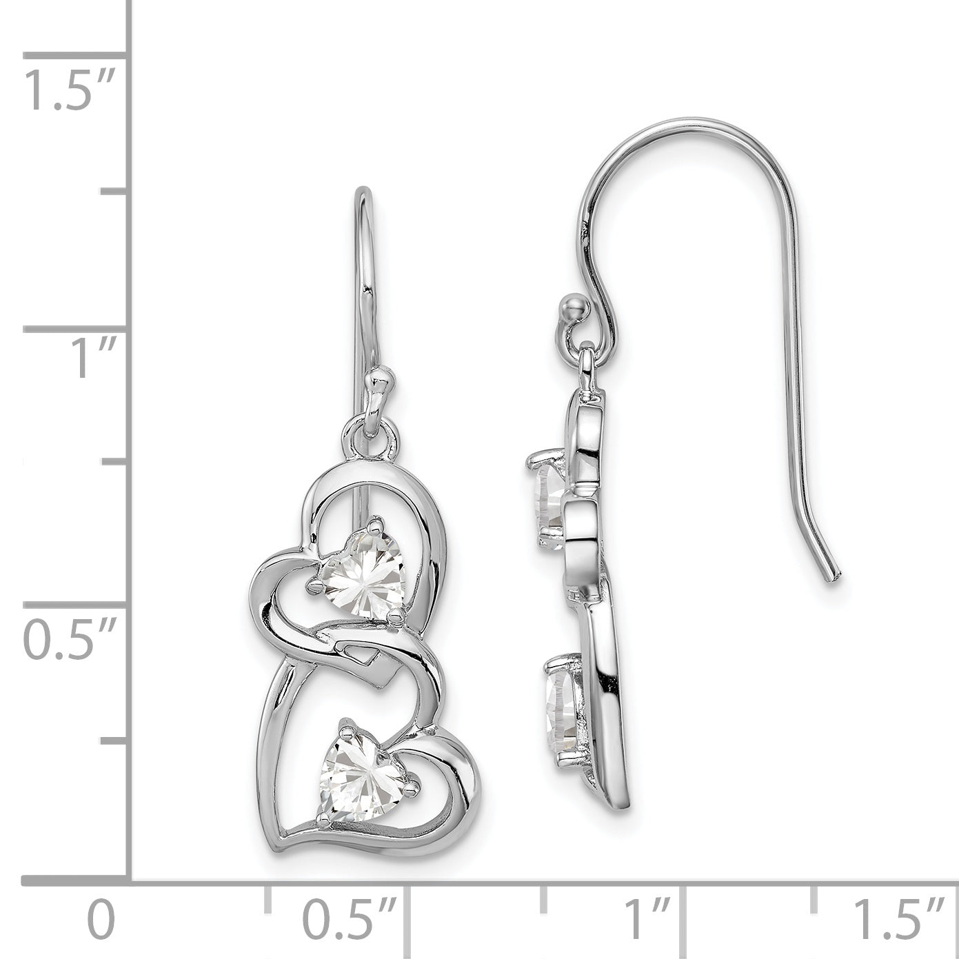 Sterling Silver Rhodium-Plated CZ Heart Dangle Earrings with Polished Finish