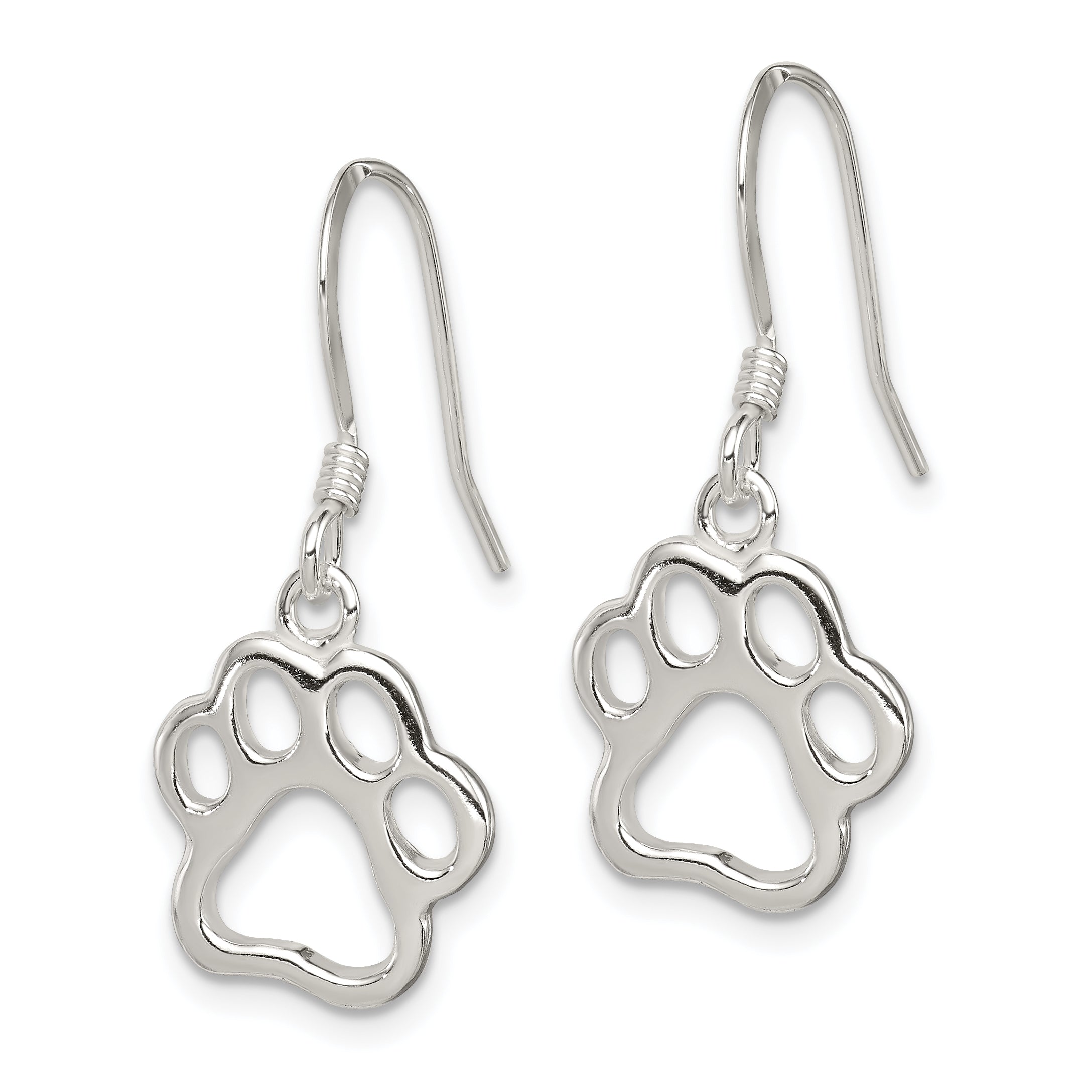 Sterling Silver Paw Print Shepherd Hook Earrings with Polished Finish for Animal Lovers