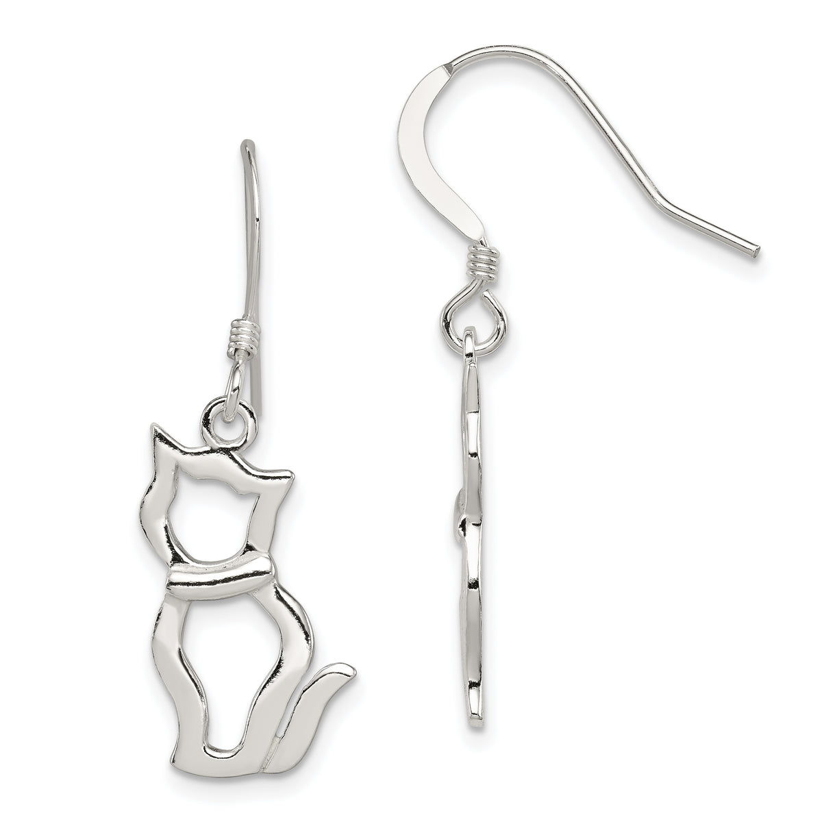 Sterling Silver Polished Cat Shepherd Hook Earrings