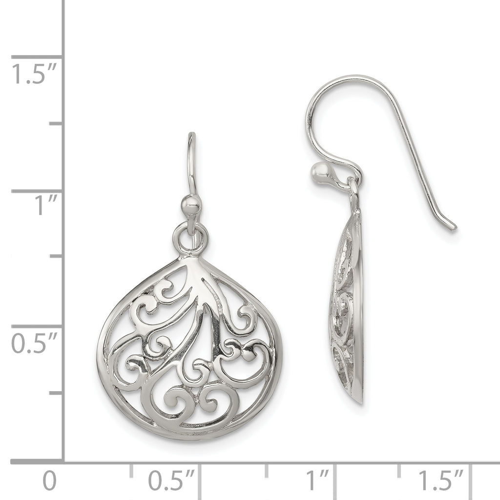 Sterling Silver Filigree Teardrop Dangle Earrings with Polished Finish