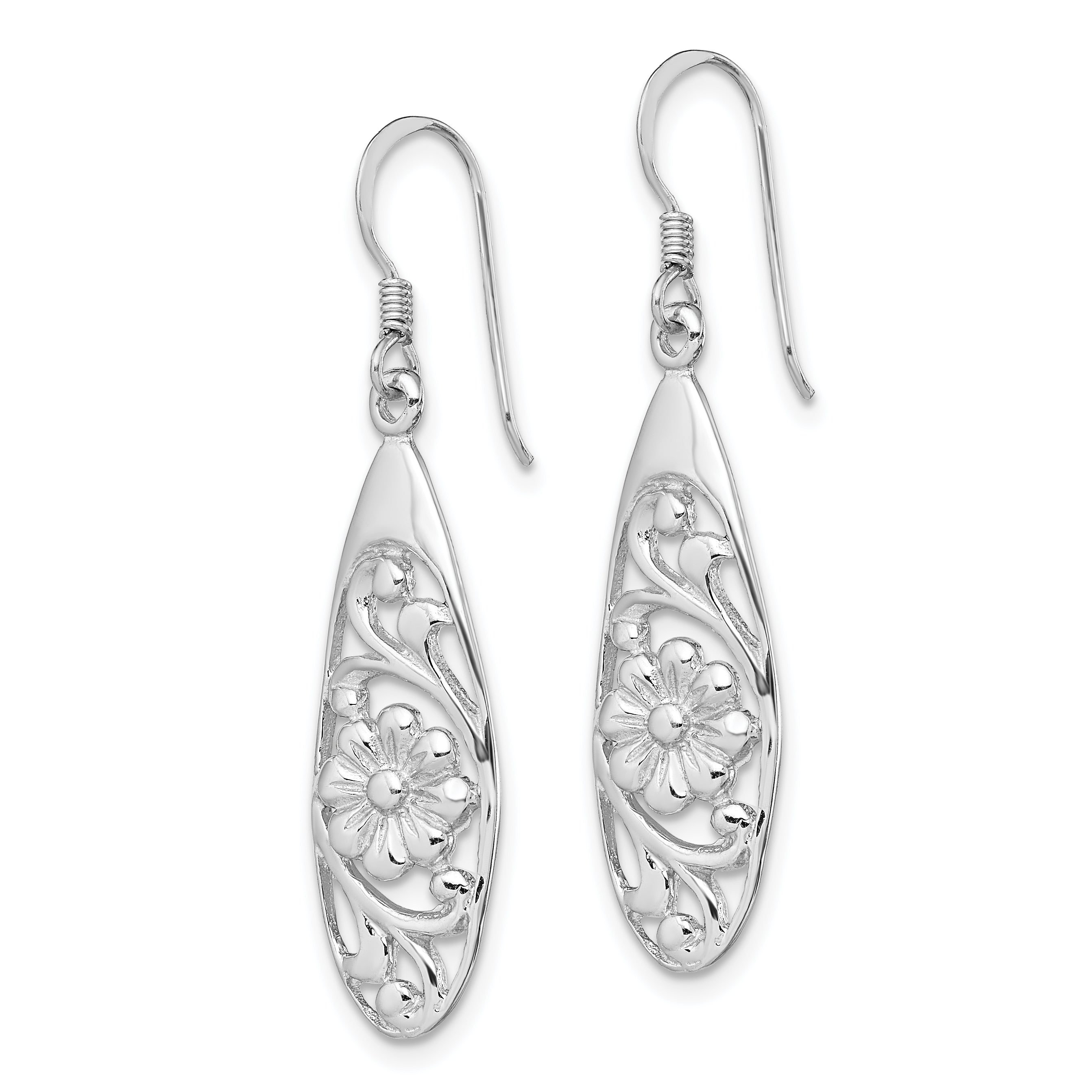 Sterling Silver Rhodium-Plated Flower Dangle Earrings with Polished Finish
