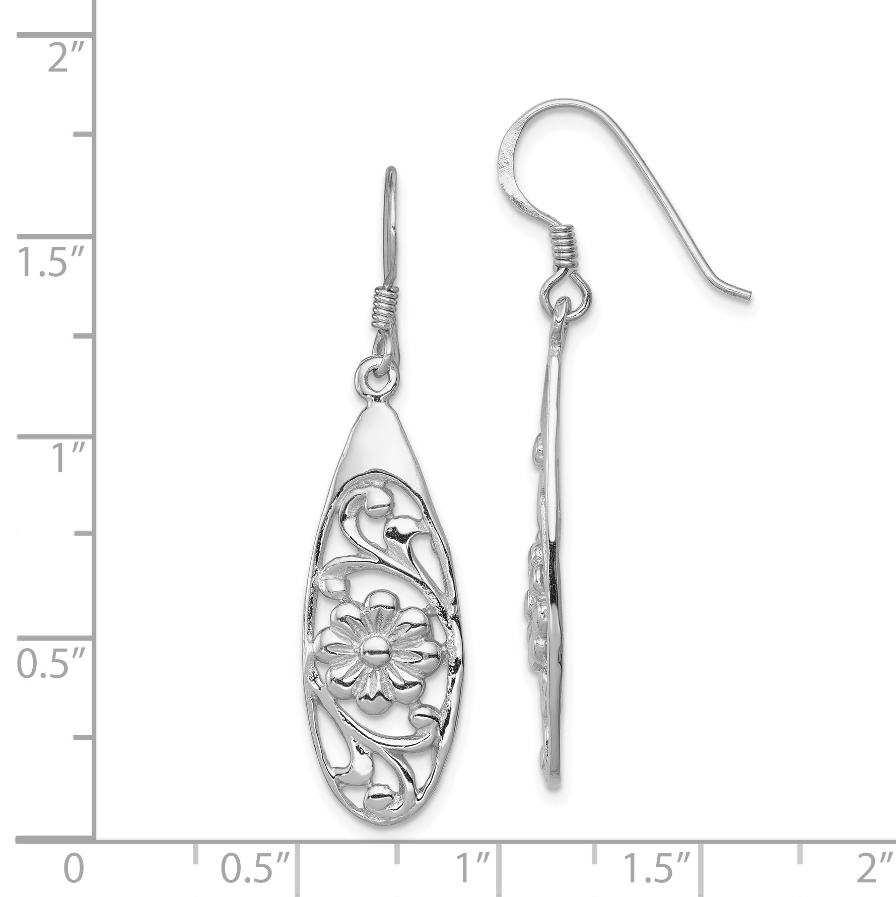 Sterling Silver Rhodium-Plated Flower Dangle Earrings with Polished Finish
