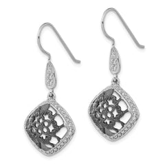 Sterling Silver & Black Rhodium CZ Filigree Dangle Earrings Elegant Floral Design