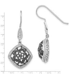 Sterling Silver & Black Rhodium CZ Filigree Dangle Earrings Elegant Floral Design