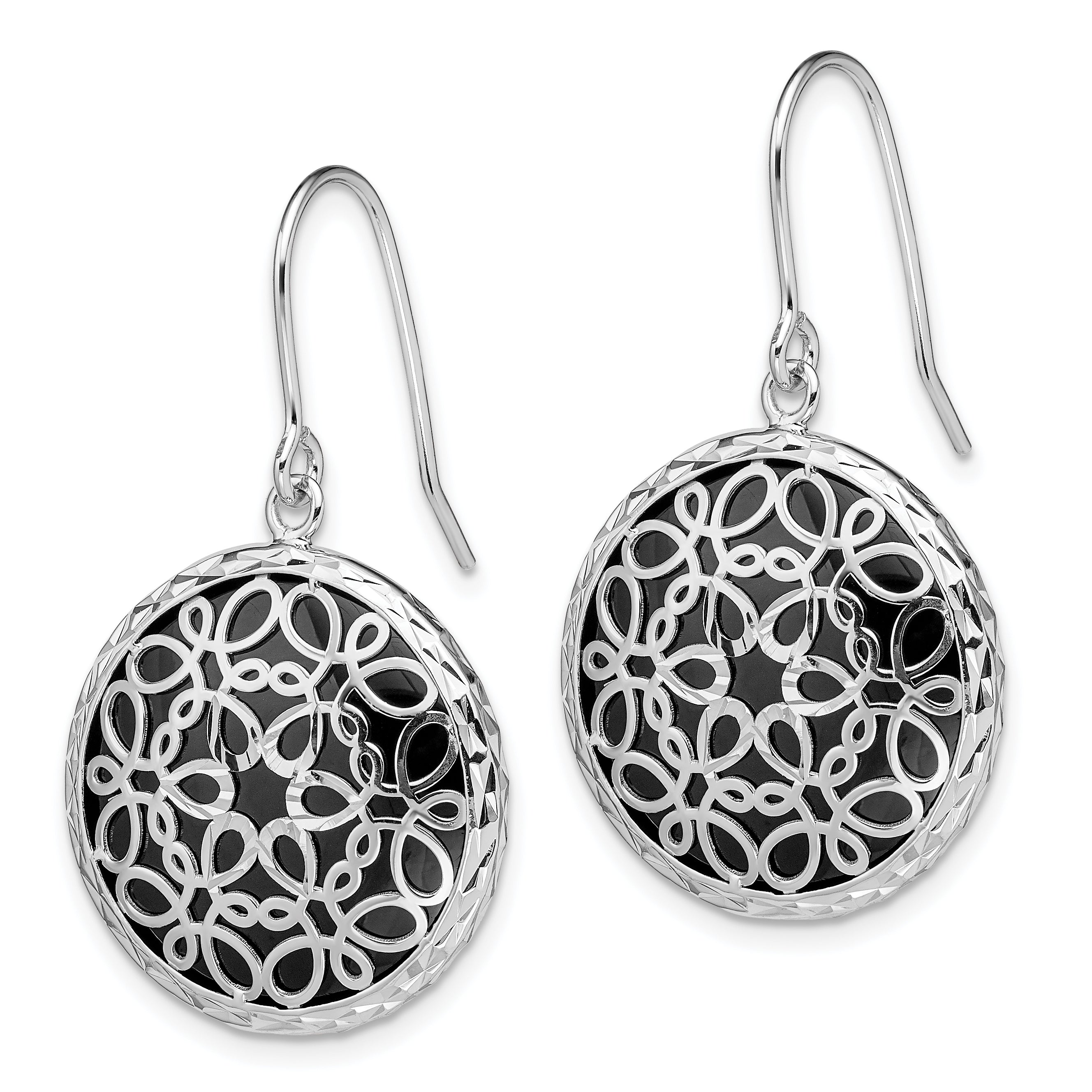 Sterling Silver Onyx Circle Dangle Earrings with Rhodium-Plated Polished Finish