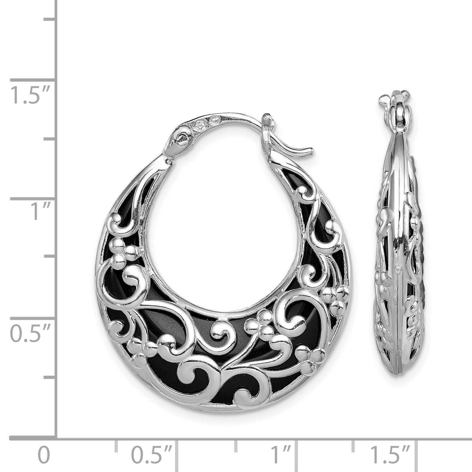 Sterling Silver Rhodium-Plated Onyx Filigree Hoop Earrings  Polished & Elegant