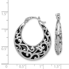 Sterling Silver Rhodium-plated Polished Onyx Filigree Round Hoop Earrings
