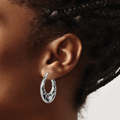Sterling Silver Rhodium-Plated Onyx Hoop Earrings with Floral Filigree Design