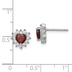 Sterling Silver Rhodium-plated Garnet and CZ Heart Earrings