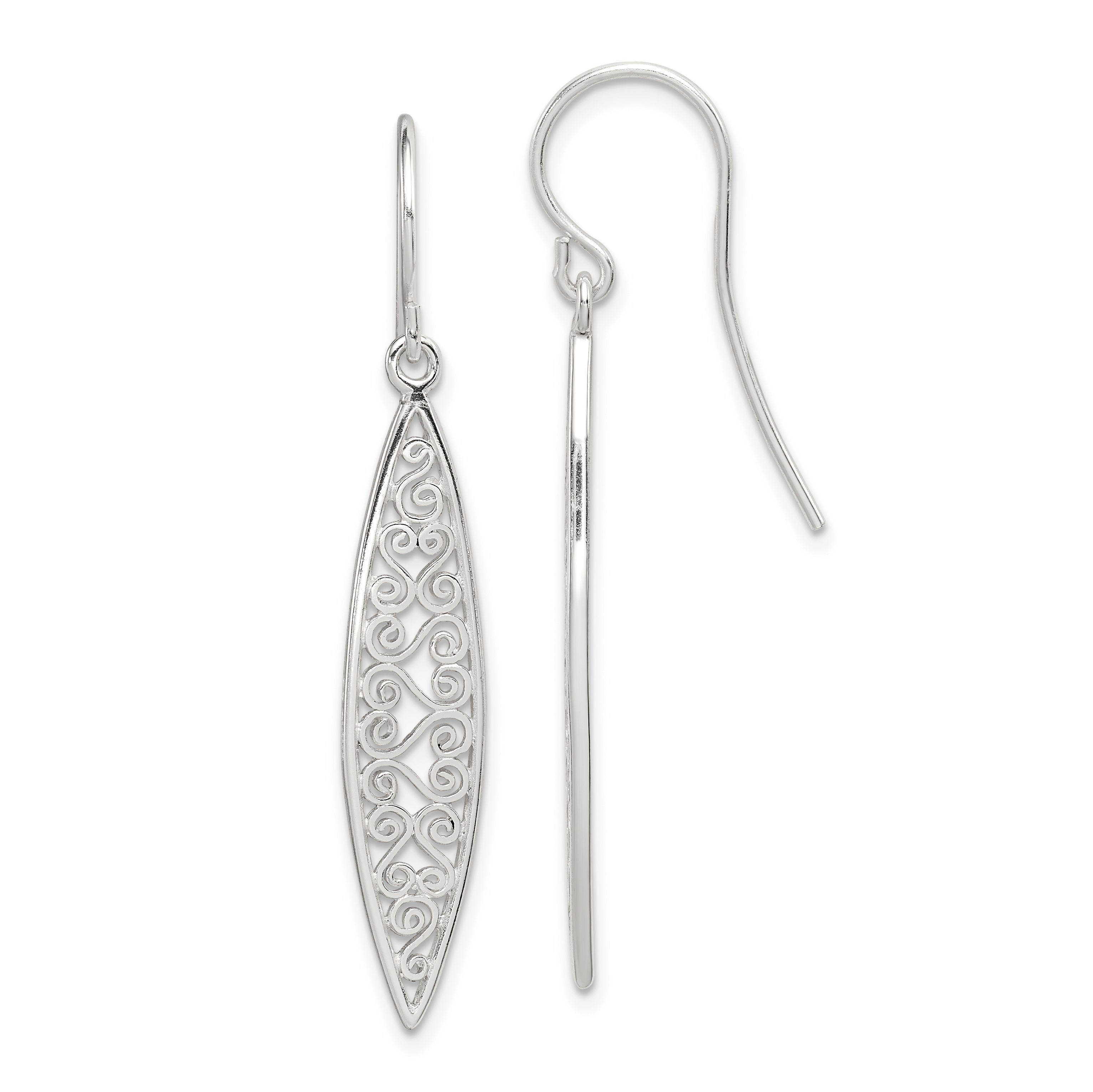 Sterling Silver Polished Filigree Marquise Shaped Dangle Earrings