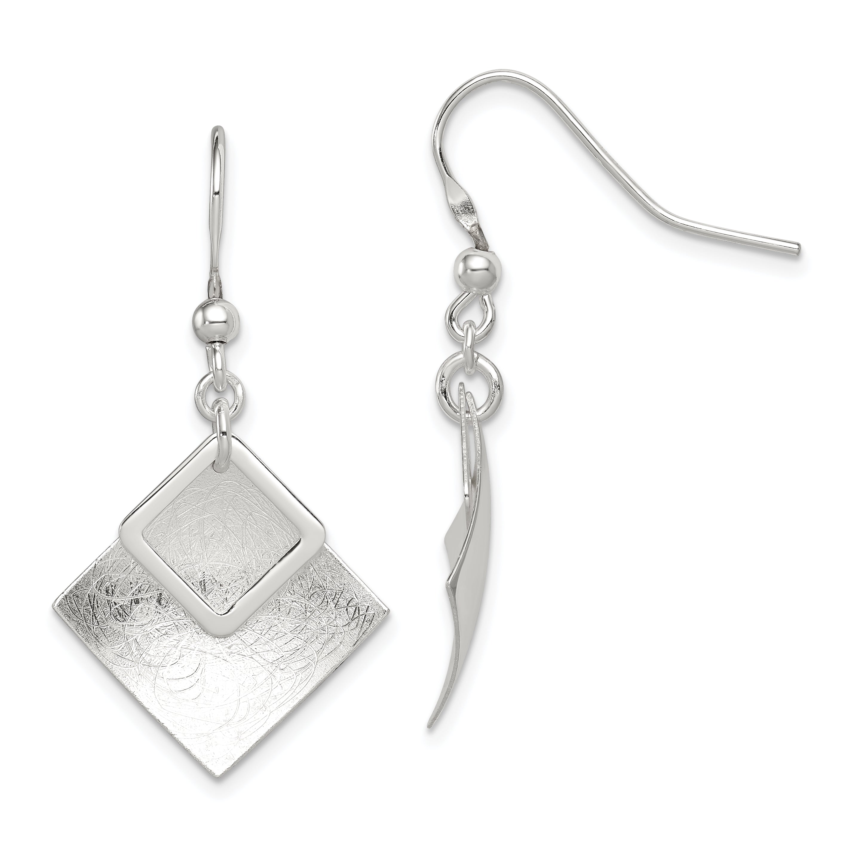 Sterling Silver Polished & Textured Double Diamond Shape Dangle Earrings Main image