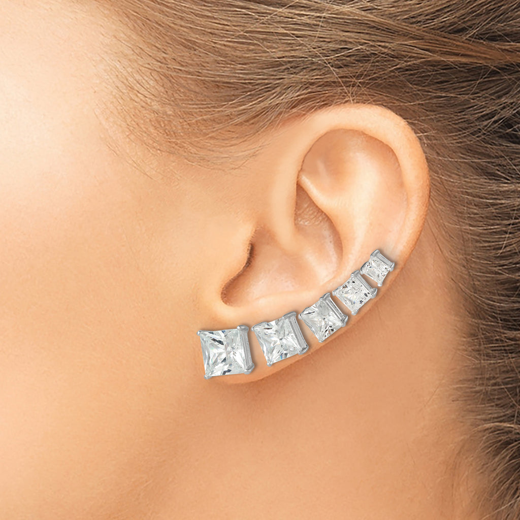 Sterling Silver Polished Square CZ 5-Pair Post Earrings Set