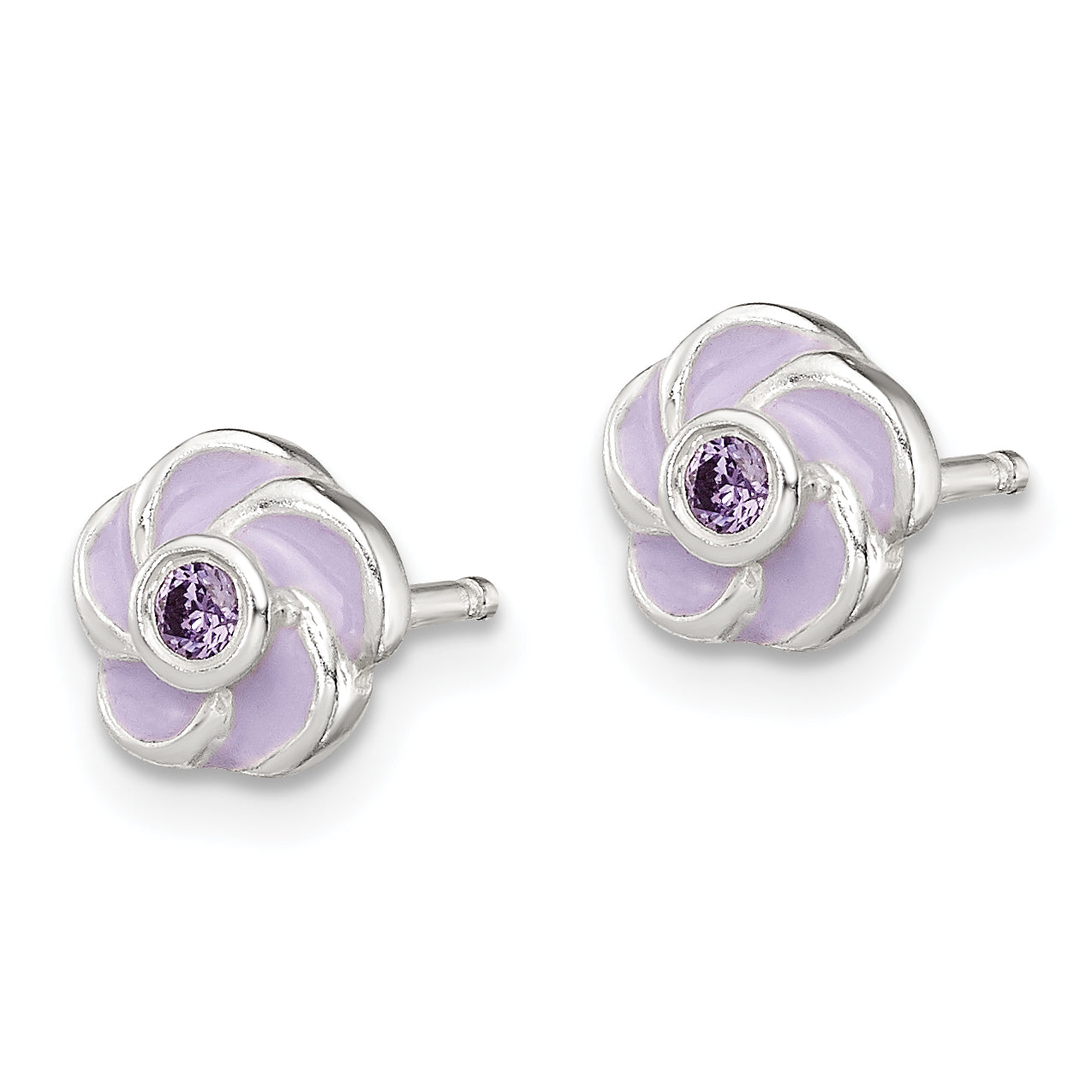 Sterling Silver Polished Purple CZ Enamel Flower Post Earrings Secondary image