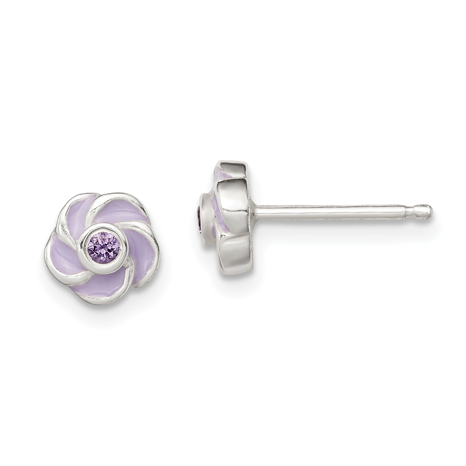 Sterling Silver Polished Purple CZ Enamel Flower Post Earrings Main image
