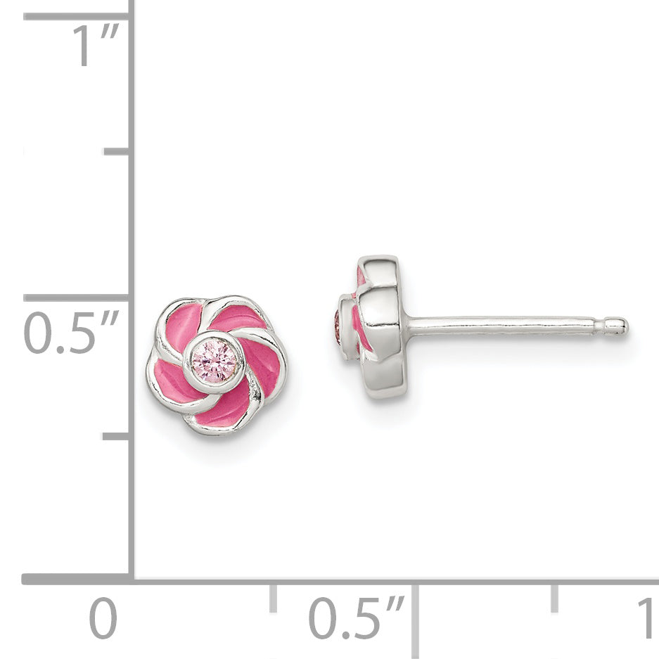 Sterling Silver Polished Enamel Flower CZ Post Earrings