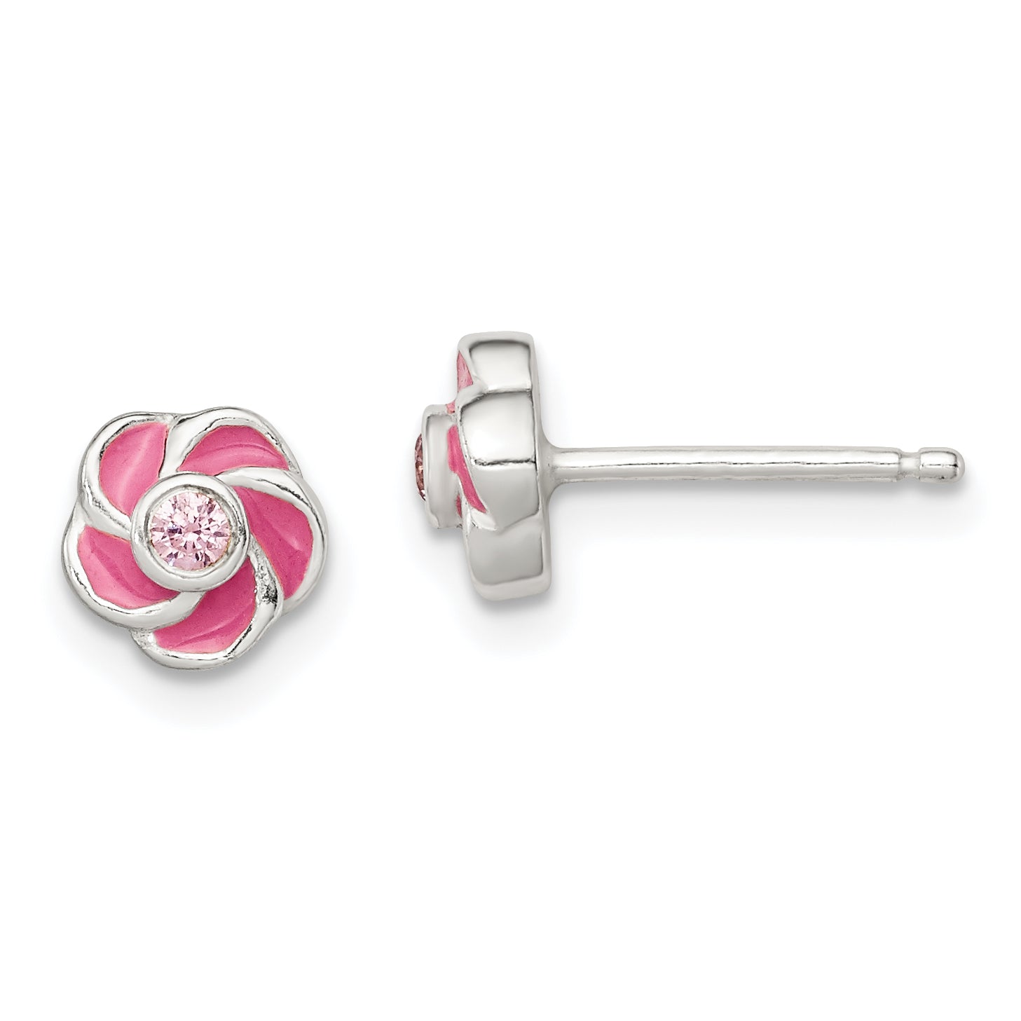 Sterling Silver Polished Enamel Flower CZ Post Earrings Main image