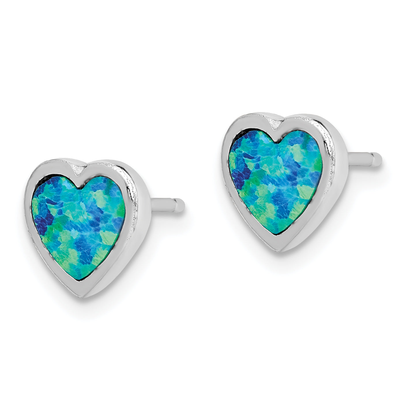 Sterling Silver Rhodium-plated 9mm Blue Created Opal Heart Post Earrings Secondary image