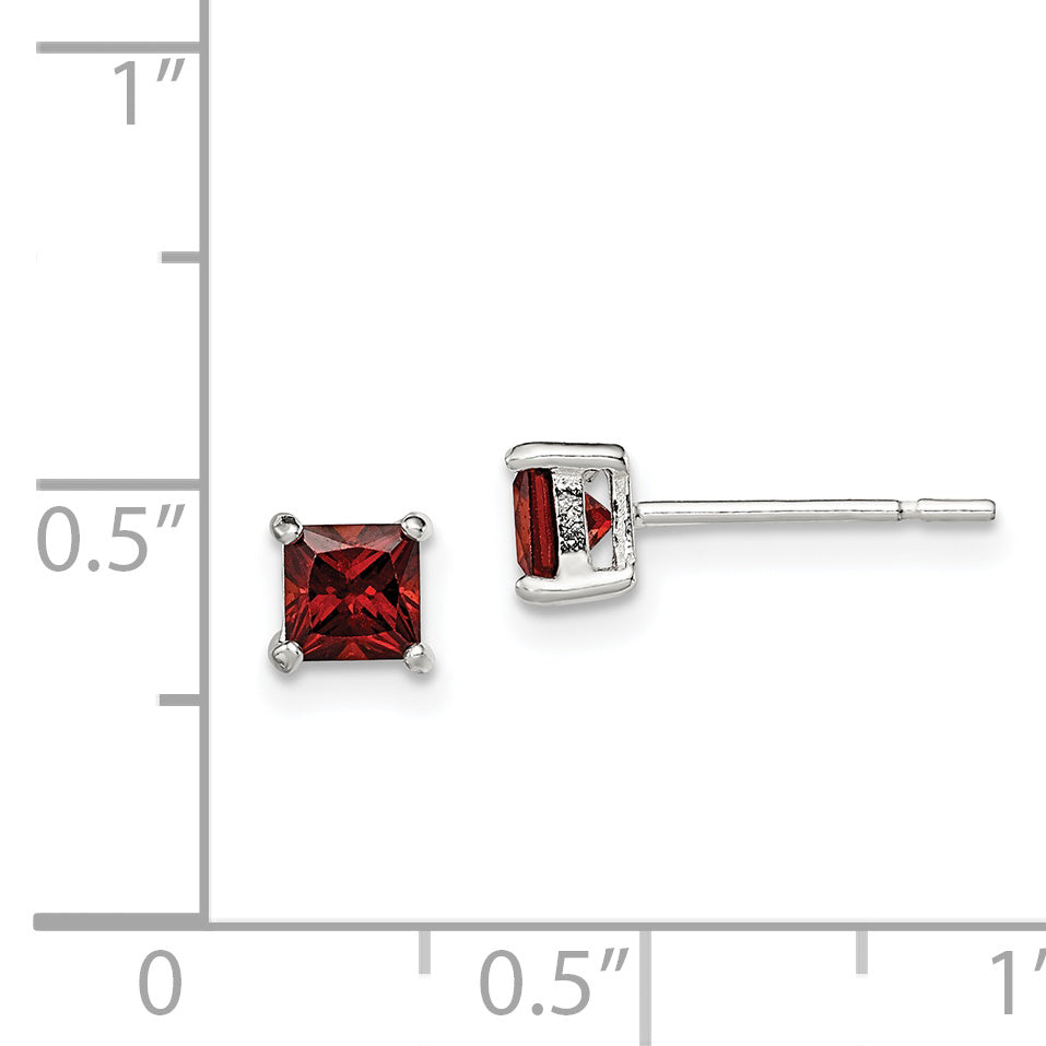 Sterling Silver Polished 4mm Square Red Glass Stud Earrings