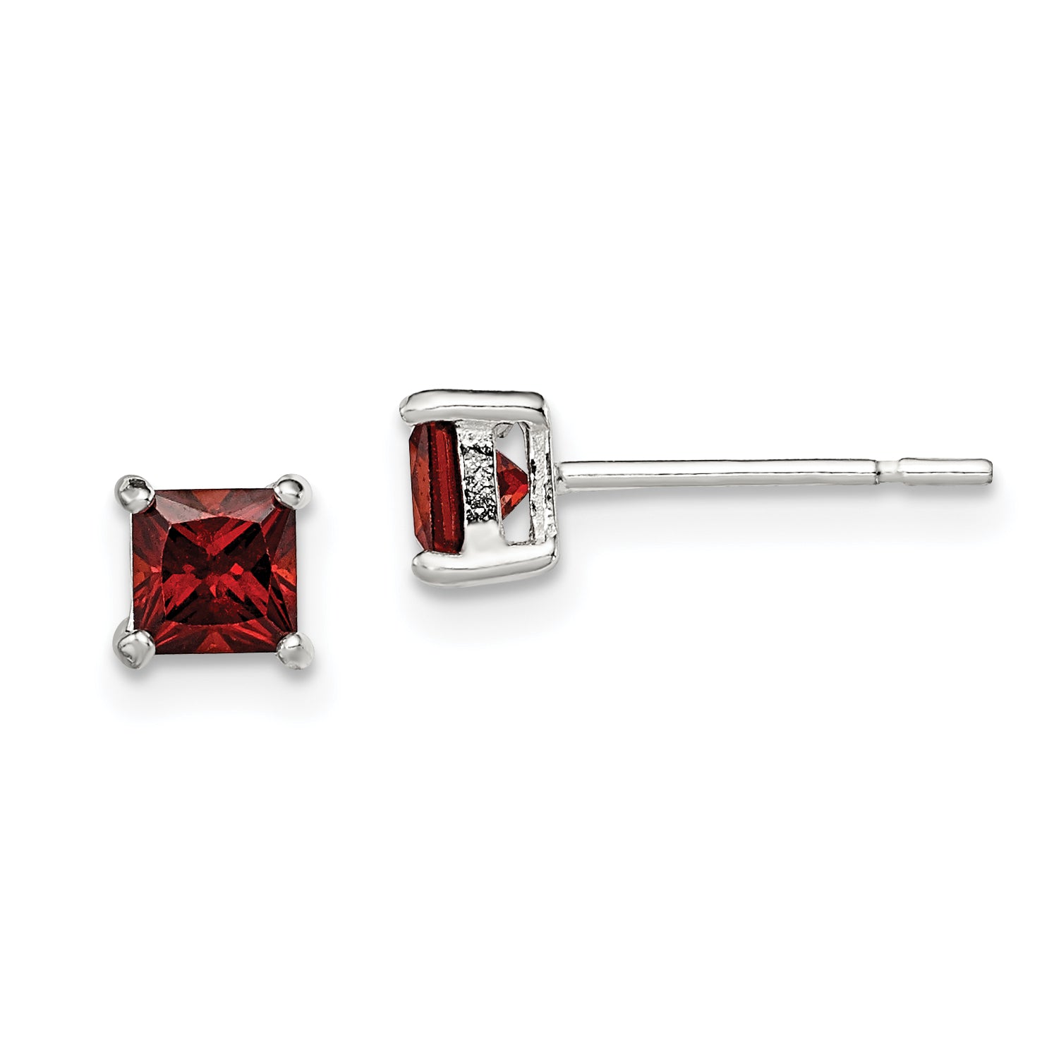 Sterling Silver Polished 4mm Square Red Glass Stud Earrings