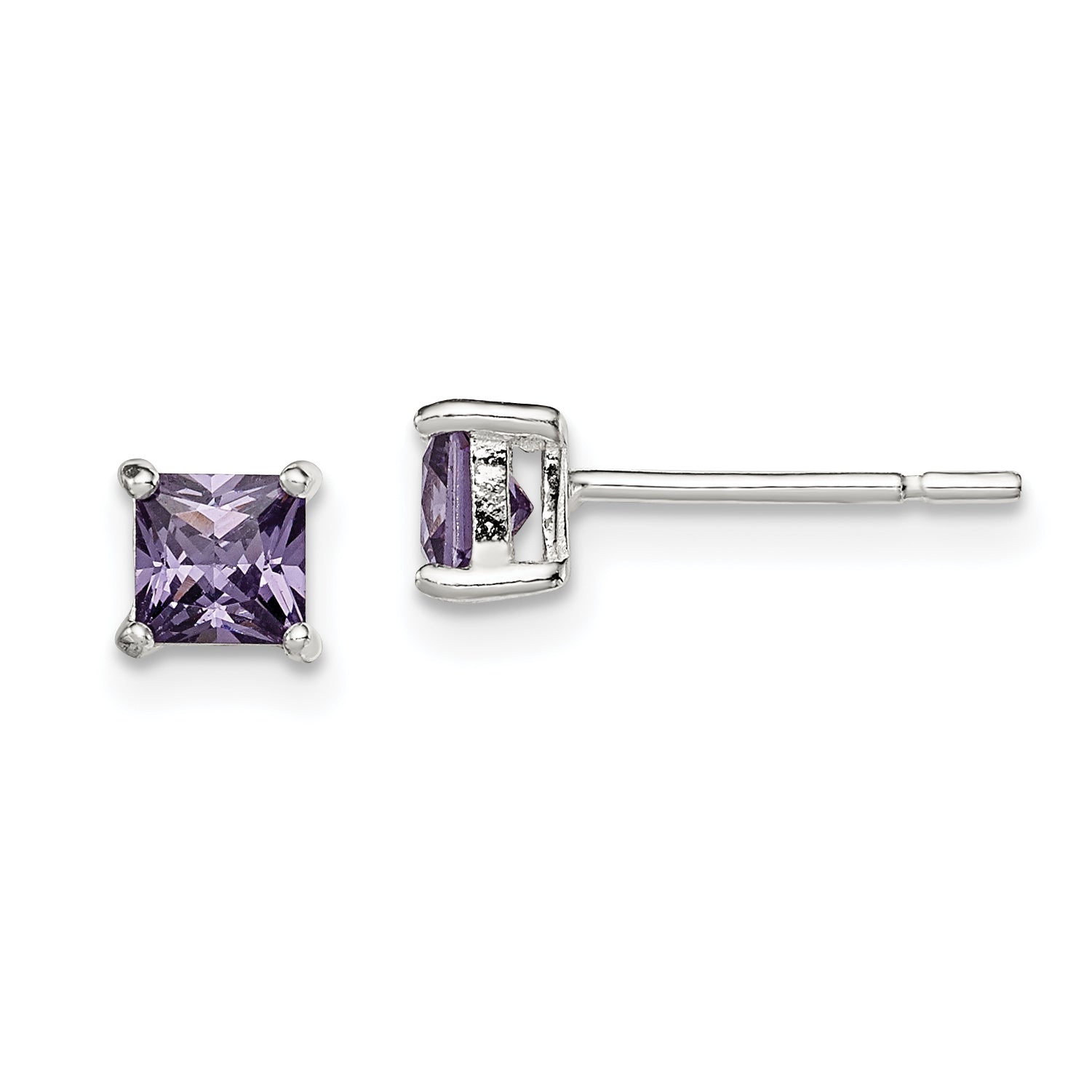 Sterling Silver Polished Square 4mm Purple CZ Stud Earrings Main image