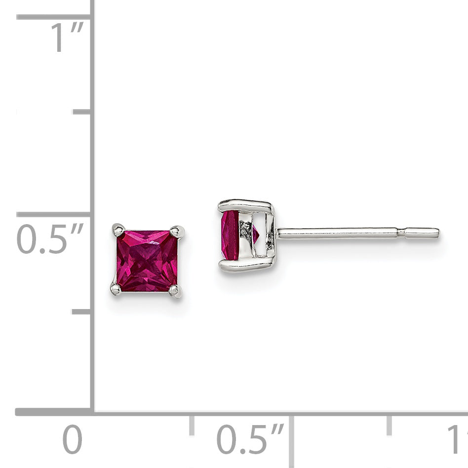 Sterling Silver Polished 4mm Square Red Glass Stud Earrings