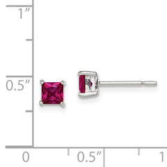 Sterling Silver Polished 4mm Square Red Glass Stud Earrings