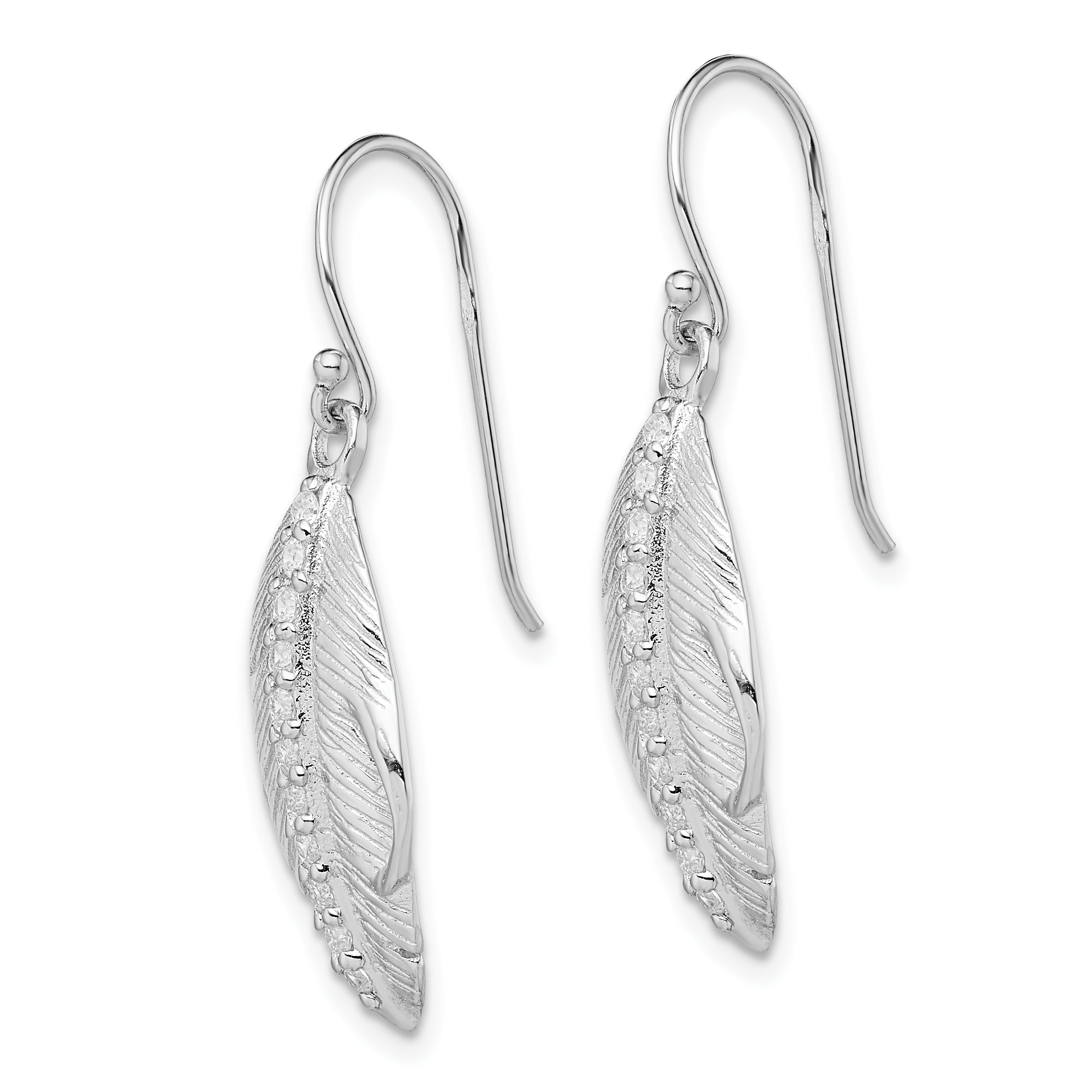 Sterling Silver RH-plated CZ Textured Feather Shepherd Hook Earrings Secondary image