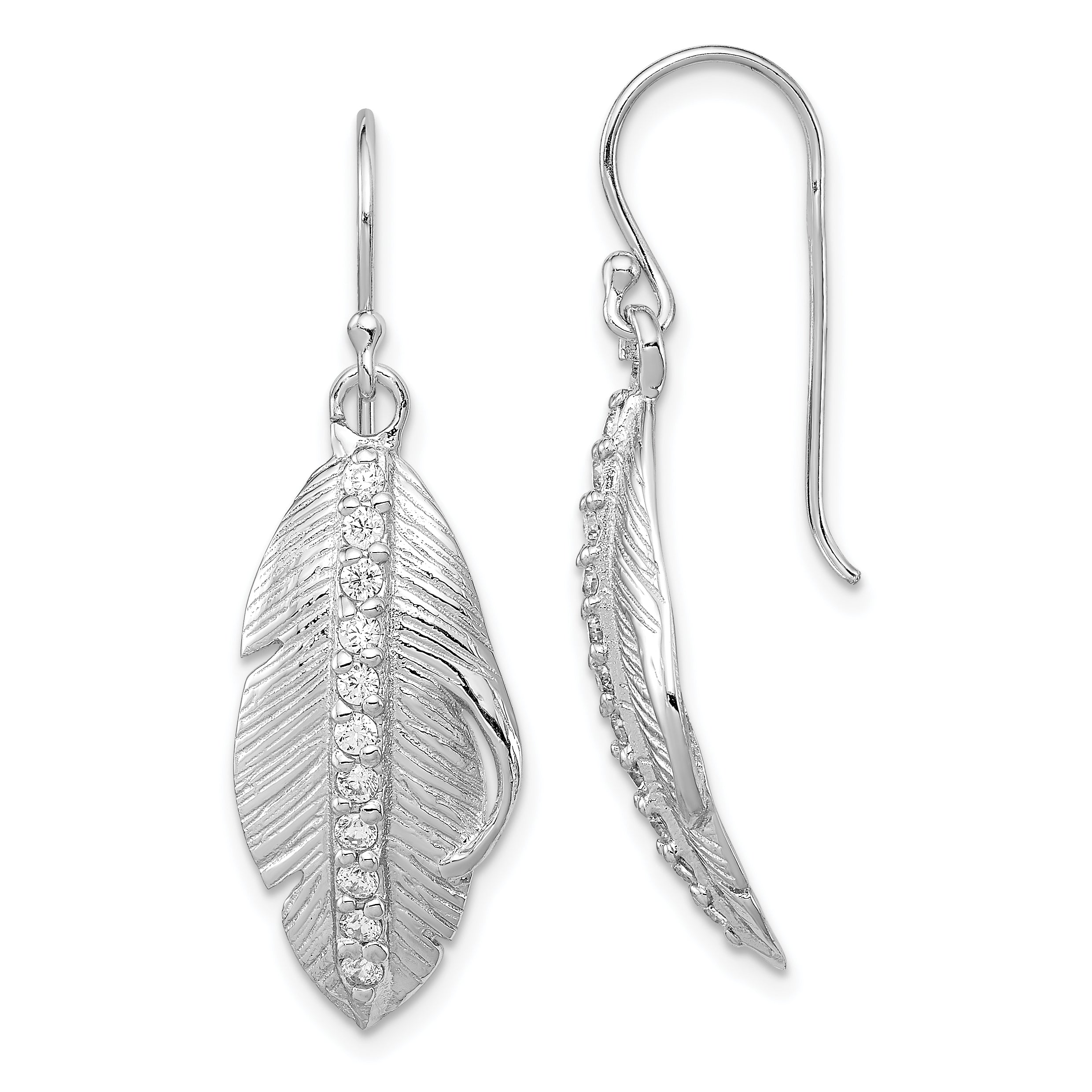 Sterling Silver RH-plated CZ Textured Feather Shepherd Hook Earrings Main image