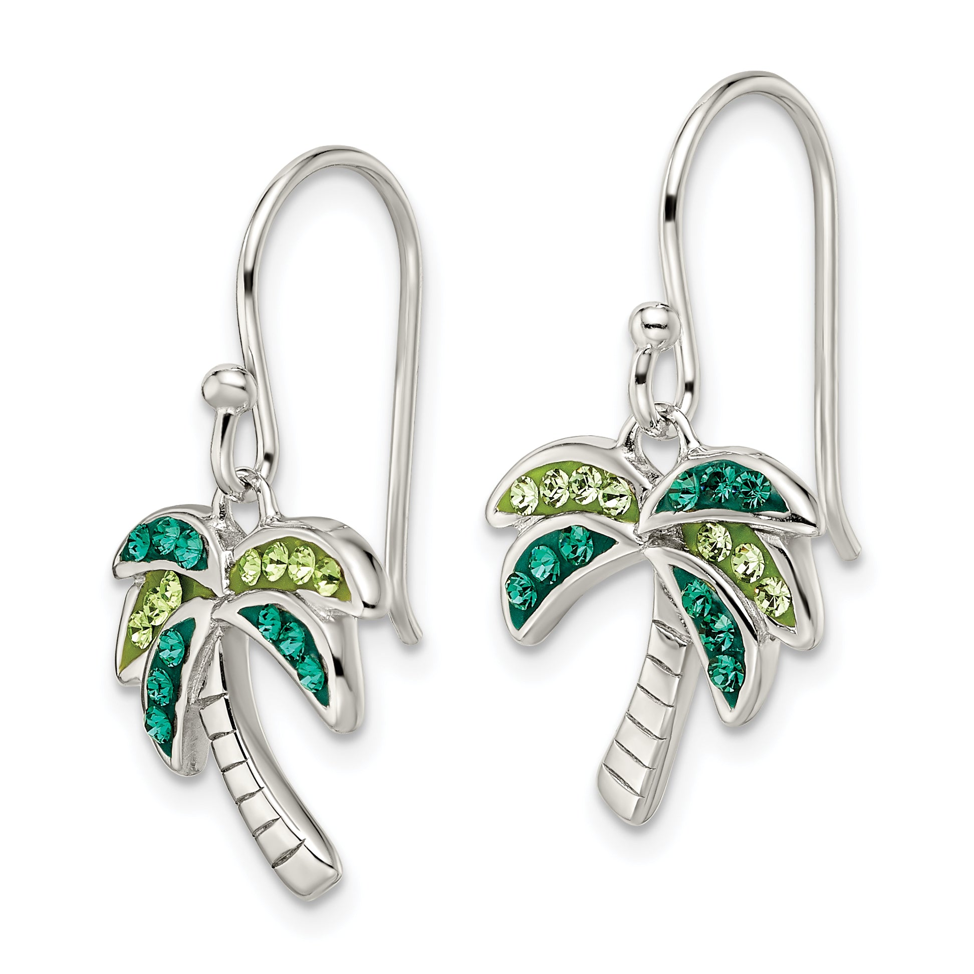 Sterling Silver Rhodium-plated Polished Green Crystal Palm Tree Earrings Secondary image