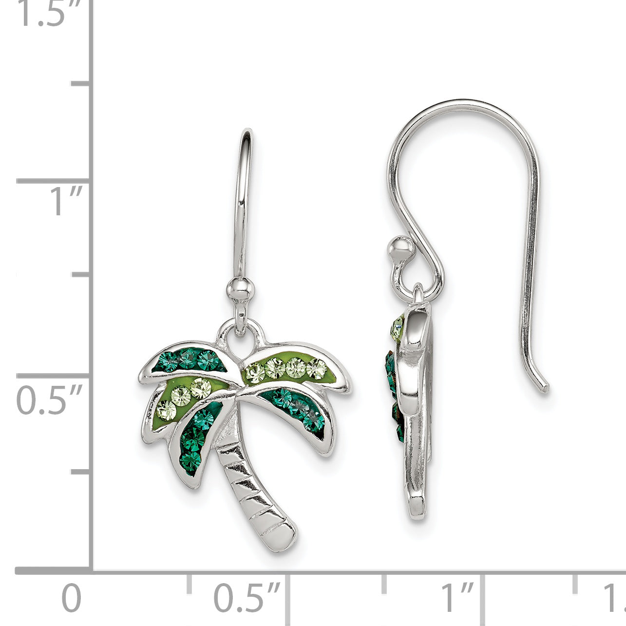 Sterling Silver Rhodium-plated Polished Green Crystal Palm Tree Earrings