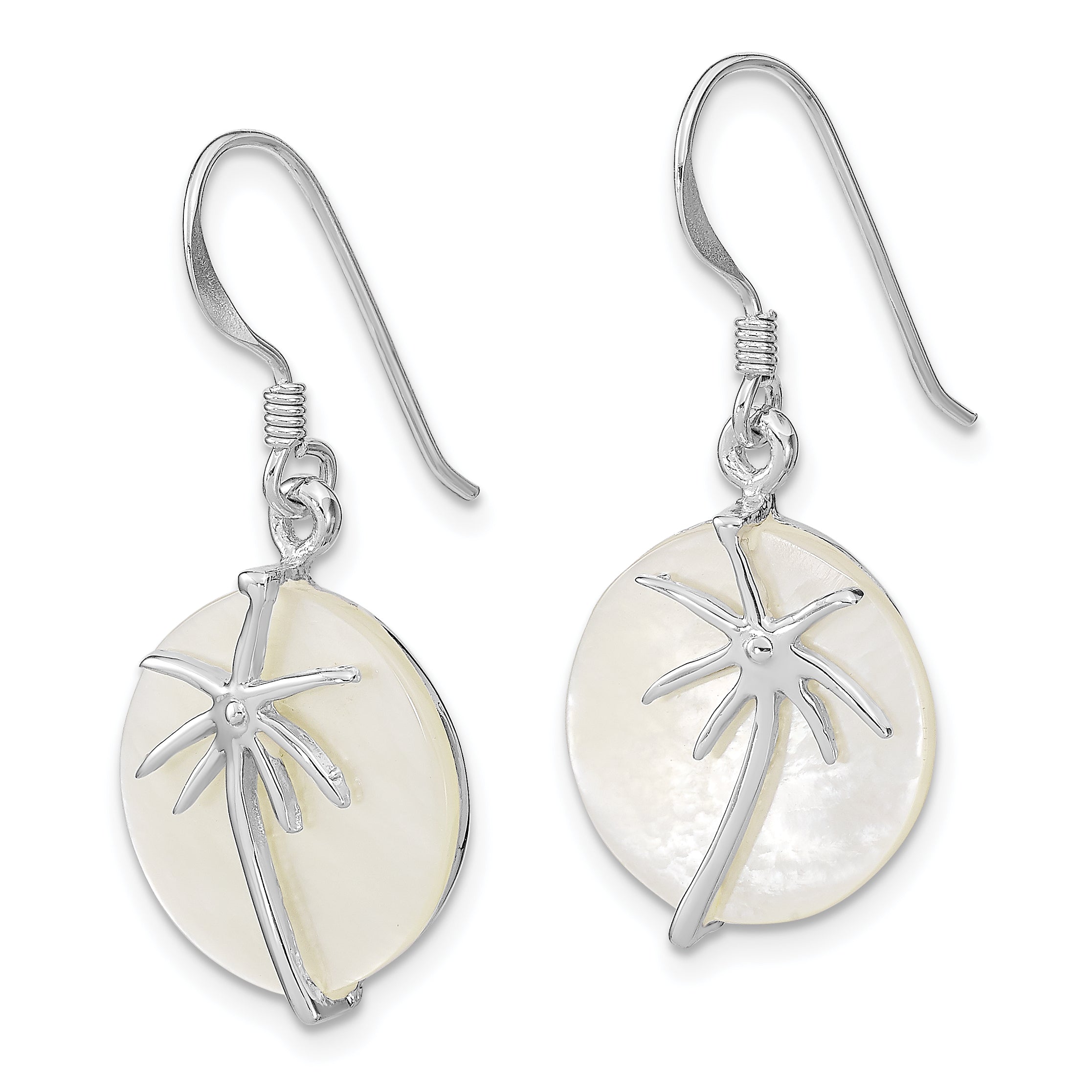 Sterling Silver Rhodium-plated Polished Round Mother of Pearl Palm Tree Earrings Secondary image